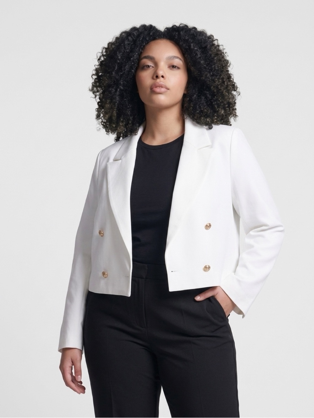 Primark White Cropped Double-Breasted Blazer with Gold Buttons